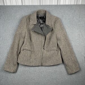 Talbots Jacket Womens 12 Beige Gray Wool Blend Tweed Moto Asymmetrical Full Zip